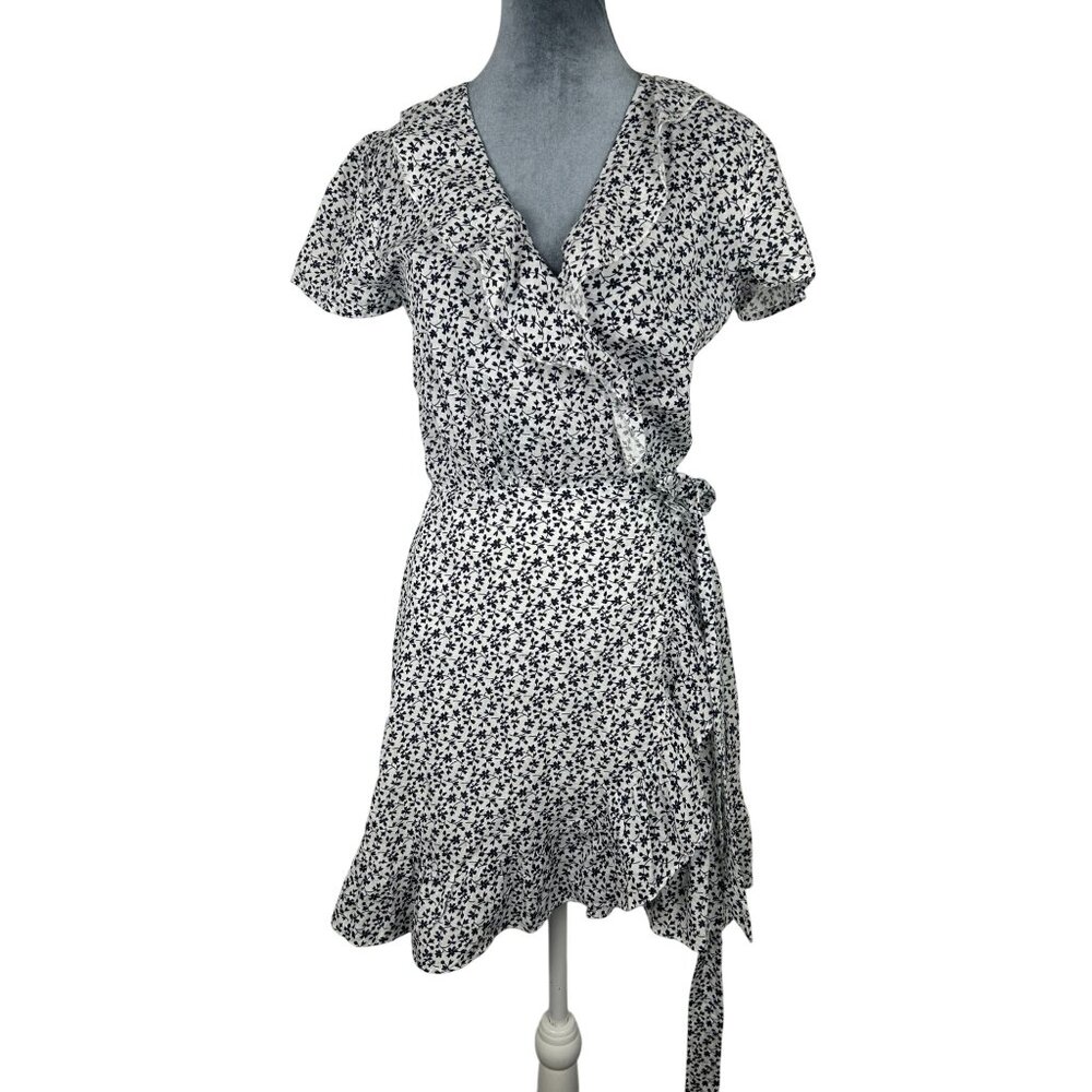 Aakaa Black and White Floral Wrap Mini Dress